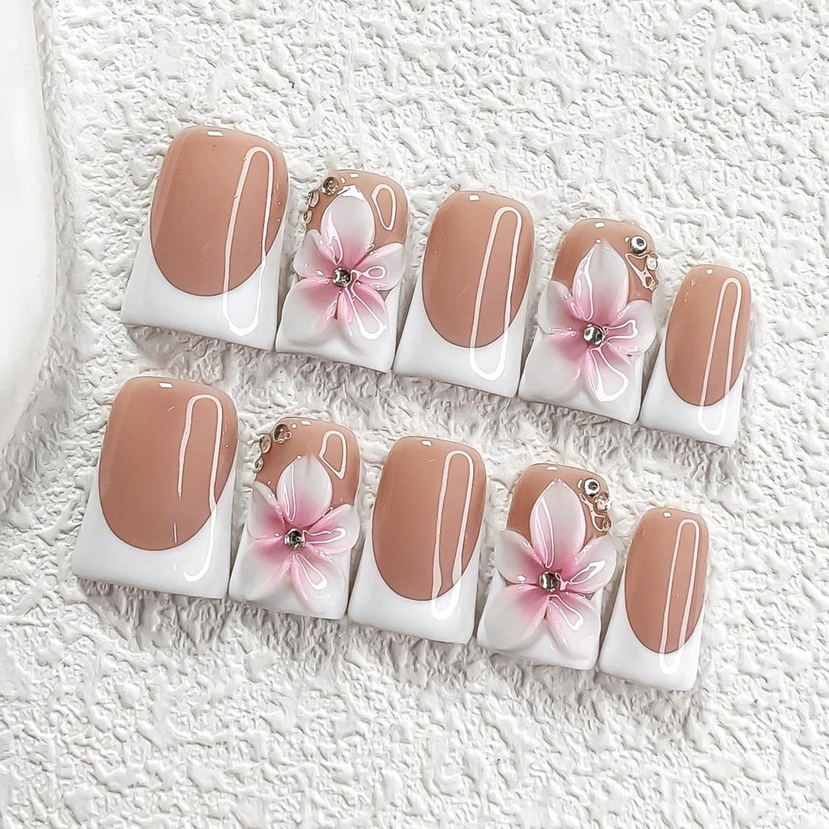 Handmade Press On Nails Short Square Nude 10PCS French Tip Fake Nails with 3D Gold Pearl Charms, Hand Painted Luxury Reusable Stick On Nails for Wedding Bridal Prom(M)