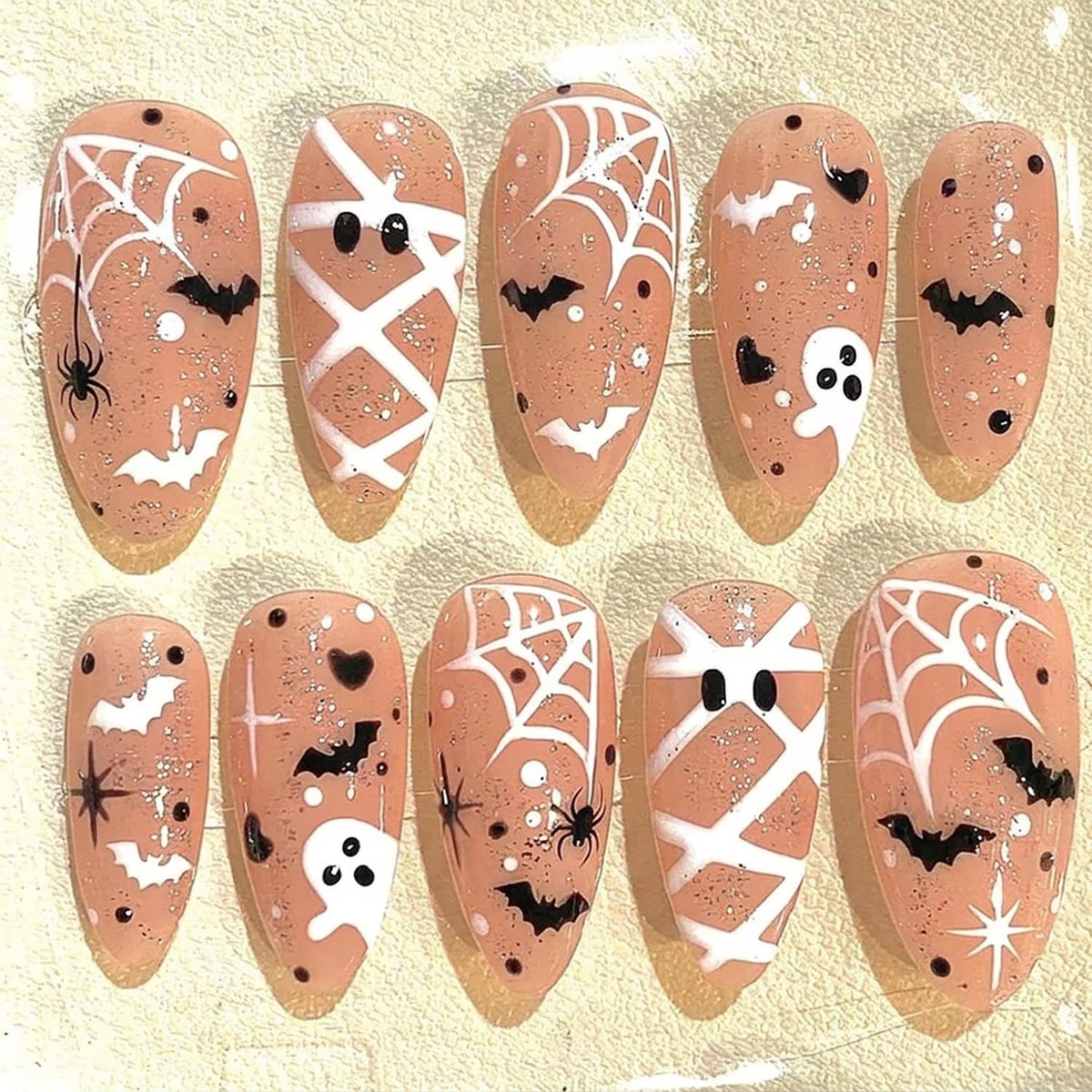 Almond Press on Nails White Flower with Gold Rhinestone Wedding Fake Nails