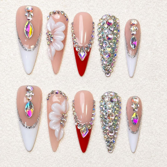 Long Stiletto Handmade Press on Nails 3D White Flower Charm 10Pcs Size M