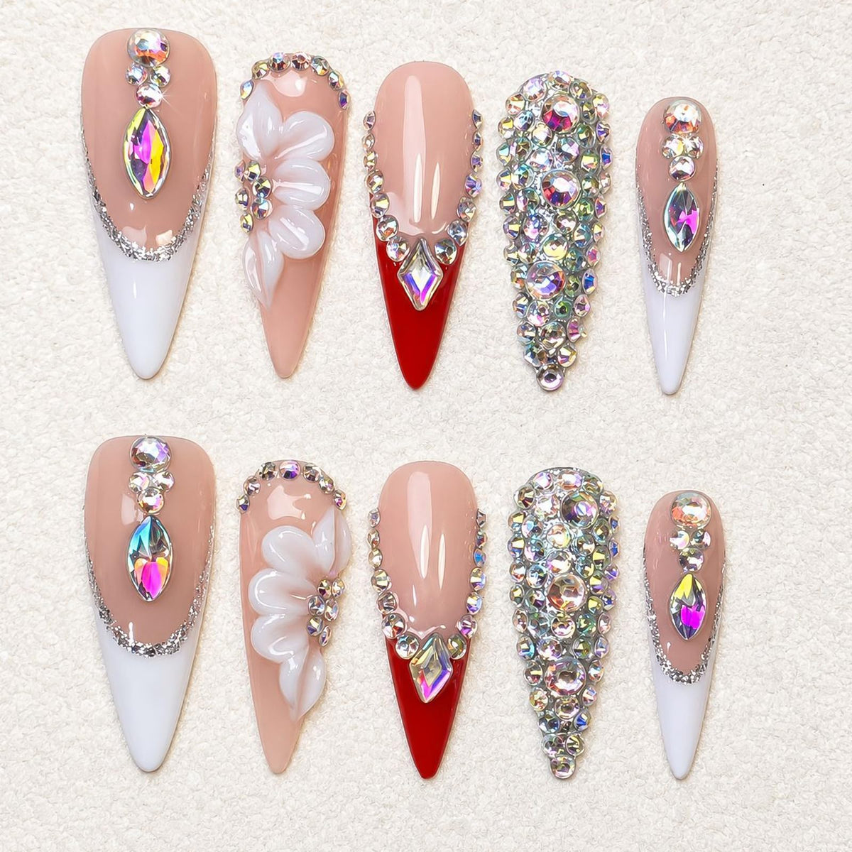 Handmade Press on Nails Long Stiletto - Liquid Gold Abstract Acrylic Fake Nails with Blue Shimmer & Colorful Gems, Luxury Reusable False Nails 10 pcs (Size M)