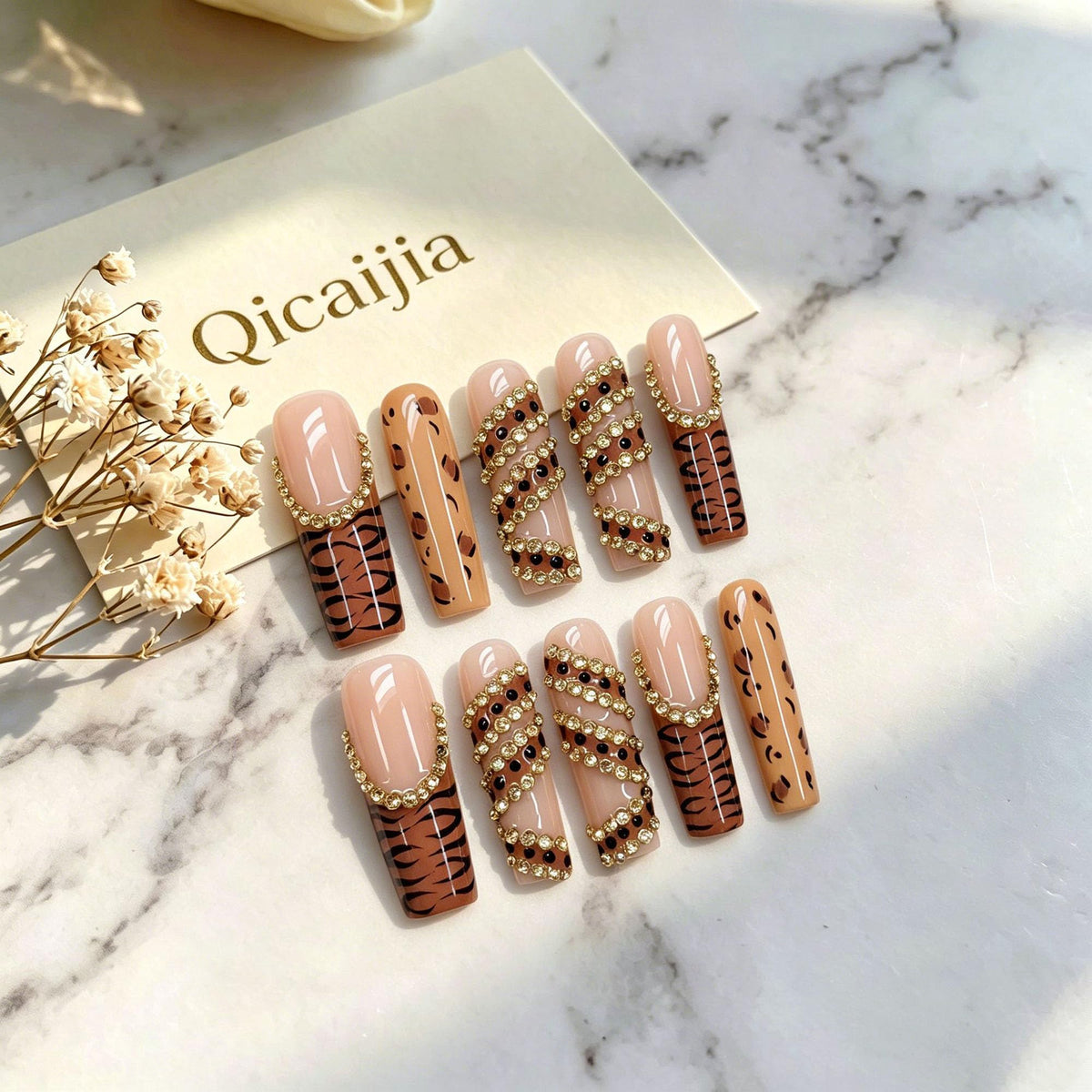 Luxury Handmade Press on Nails Long Coffin Fake Nails Rhinestone Crystal Full Cover False Nails with Glue with Designs Sparkly Long Acrylic Nail Reusable Stick on Nail for Women 10Pcs(Size M)