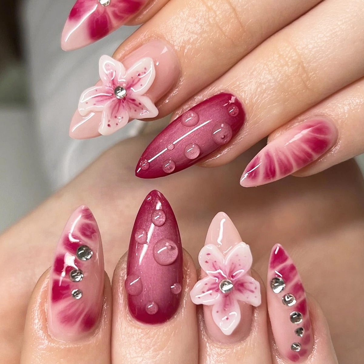 MERVF Medium Almond Press on Nails - White Ombre French Tip Fake Acrylic Nails, Rhinestones Gold Rings Design Wedding Glossy Finish 24pcs