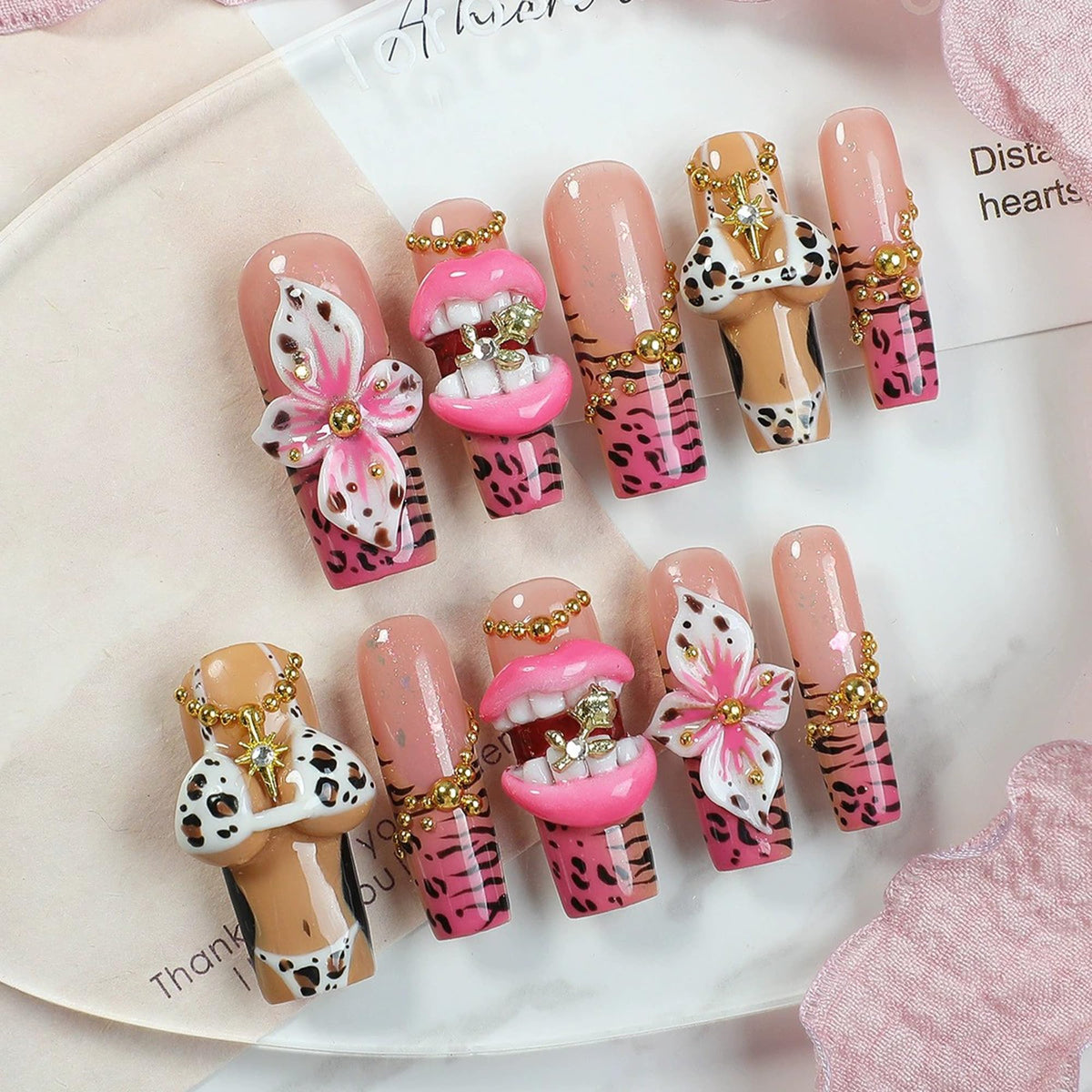 Luxury Handmade Press on Nails Long Coffin Fake Nails Rhinestone Crystal Full Cover False Nails with Glue with Designs Sparkly Long Acrylic Nail Reusable Stick on Nail for Women 10Pcs(Size M)