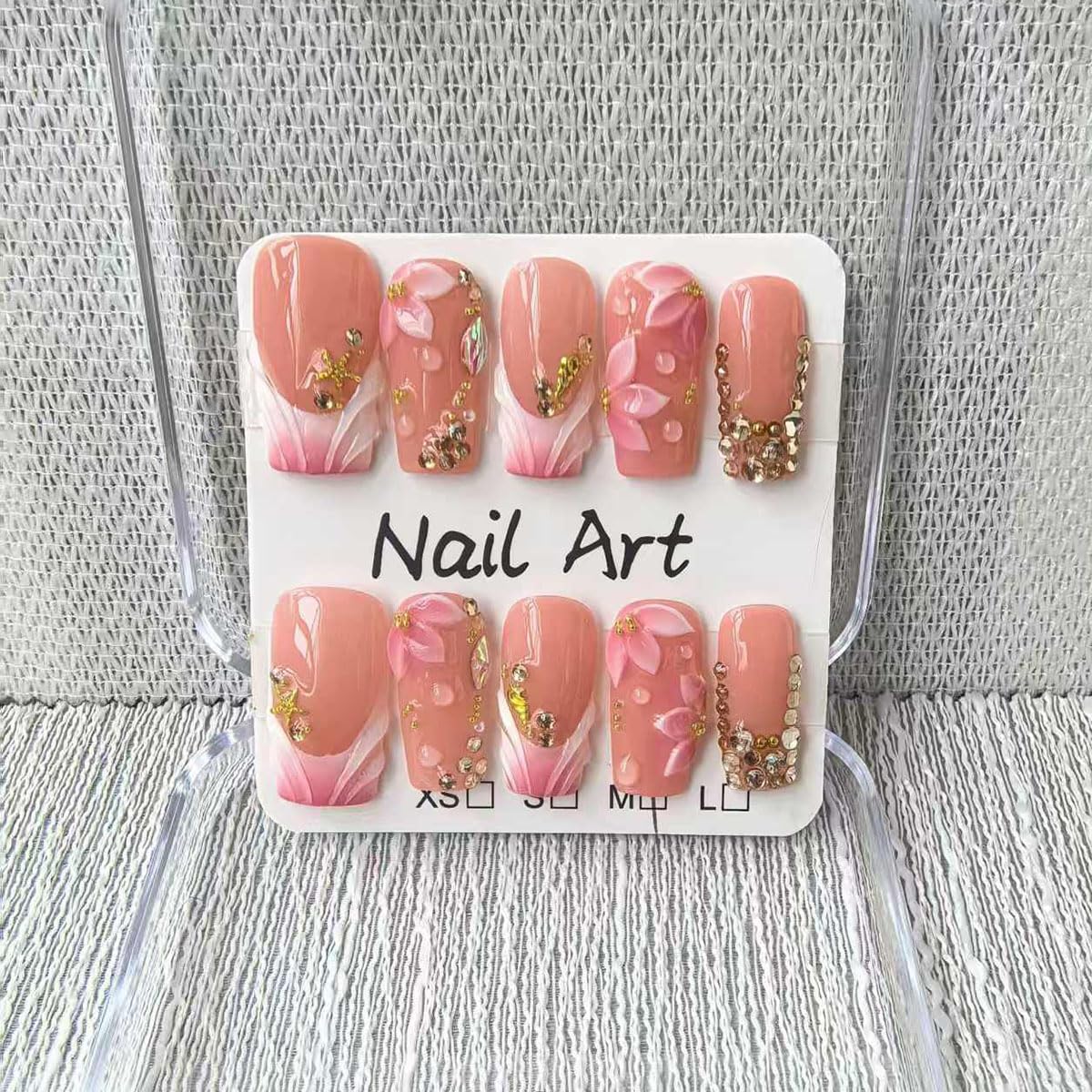 Handmade Press on Nails Medium Square Fake Nails Green Ombre French Tip with 3D Flower Designs luxury Rhinestones Glossy Cute Acrylic Nails for Women 10pcs (Size M）