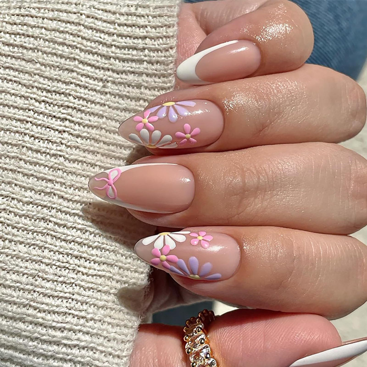Summer Press on Nails Almond Pink Floral Shell Pearl Gold Dot Fake Women