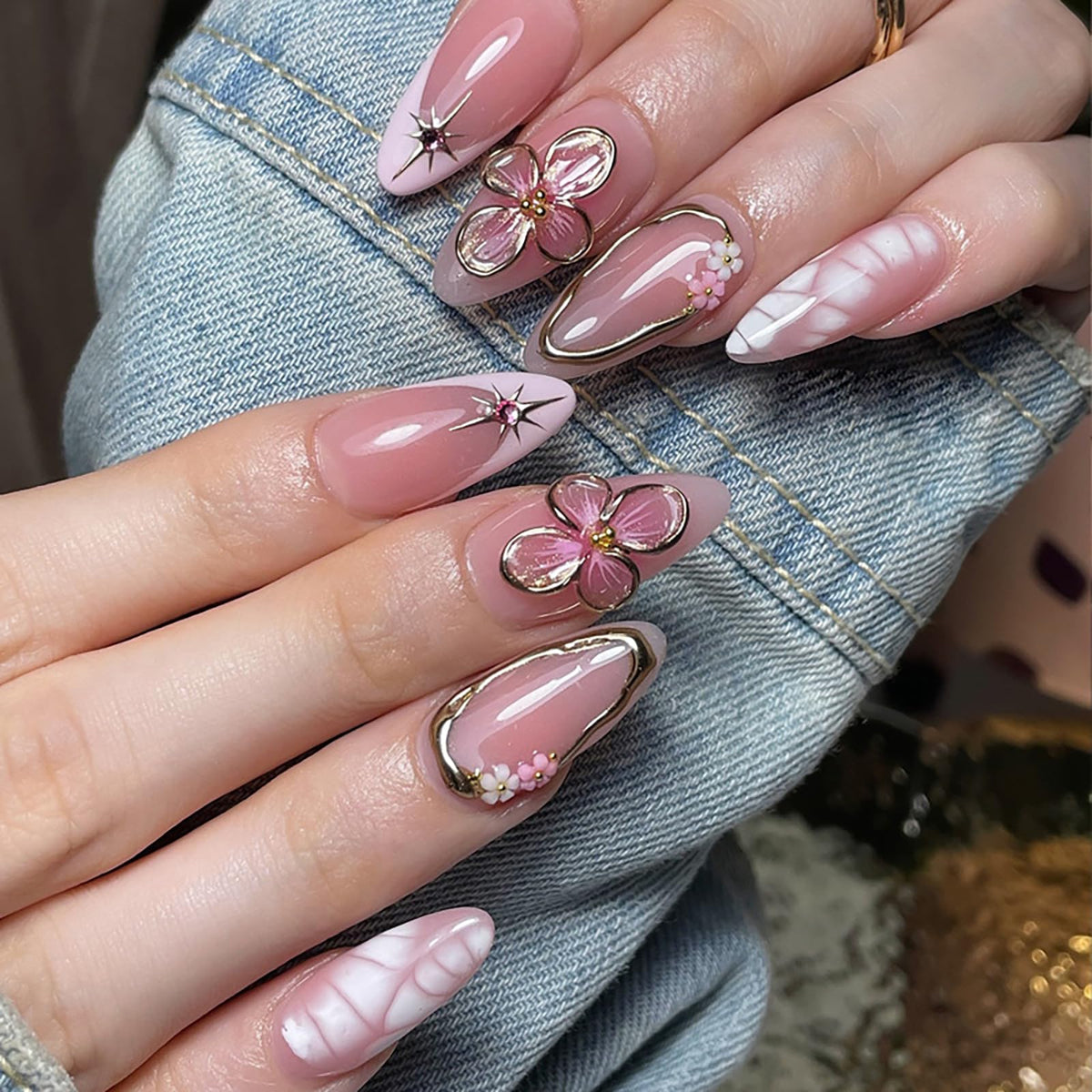 Summer Press on Nails Almond Pink Floral Shell Pearl Gold Dot Fake Women