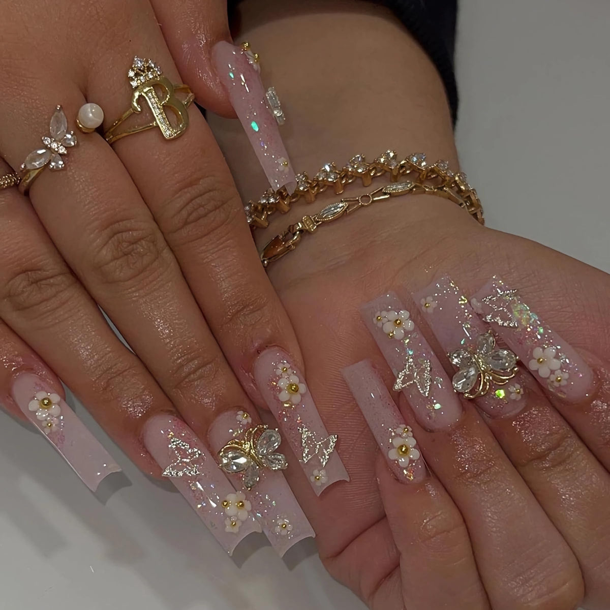 BABALAL Long Square Press on Nails - Blue Fake Nails, Luxury 3D Butterfly Gold Heart Charm Bling Design Full Cover Acrylic Nails Squoval Set 24Pcs