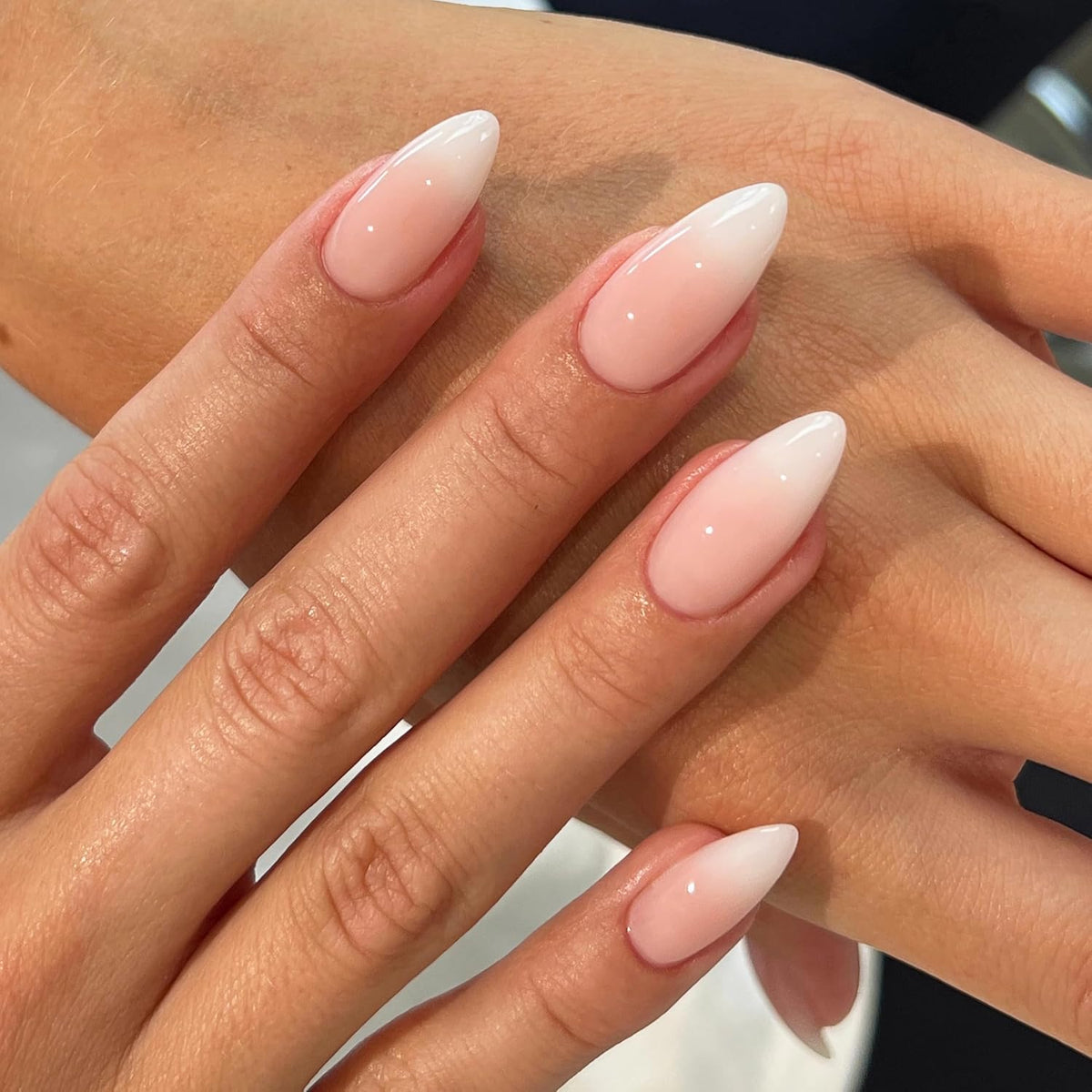 Qsnidy Press on Nails Almond, Ombre Nude to White, Glossy Fake Nails
