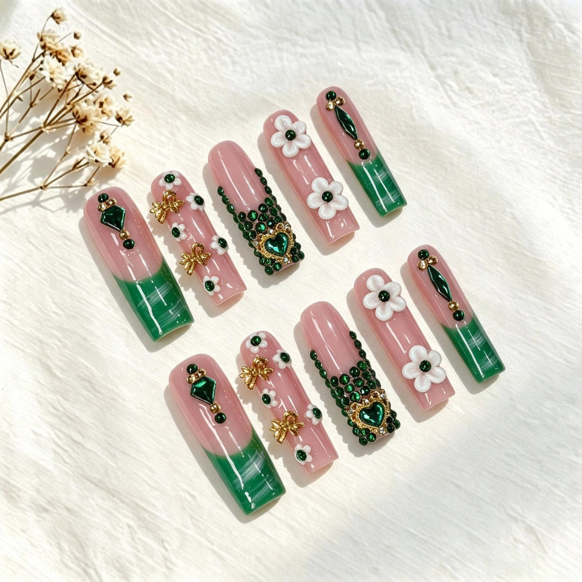 Luxury Handmade Press on Nails Long Coffin Fake Nails Rhinestone Crystal Full Cover False Nails with Glue with Designs Sparkly Long Acrylic Nail Reusable Stick on Nail for Women 10Pcs(Size M)