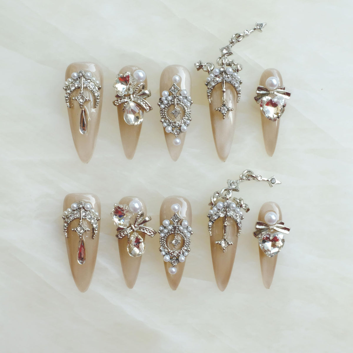 Luxury Handmade Press On Nails, Vintage Bohemian Style, Long Stiletto Shape, Crystal Heart Gems, Gold Stars Design, 10 Pieces (Large, LS)