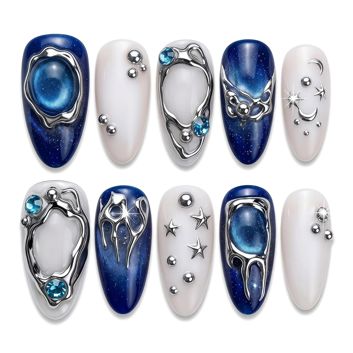 Luxury Handmade Press on Nails Long Stiletto Acrylic Fake Nails with Rhinestone Pearl Designs Glossy Full Cover Reusable Stick on Nails for Women Manicure 10Pcs