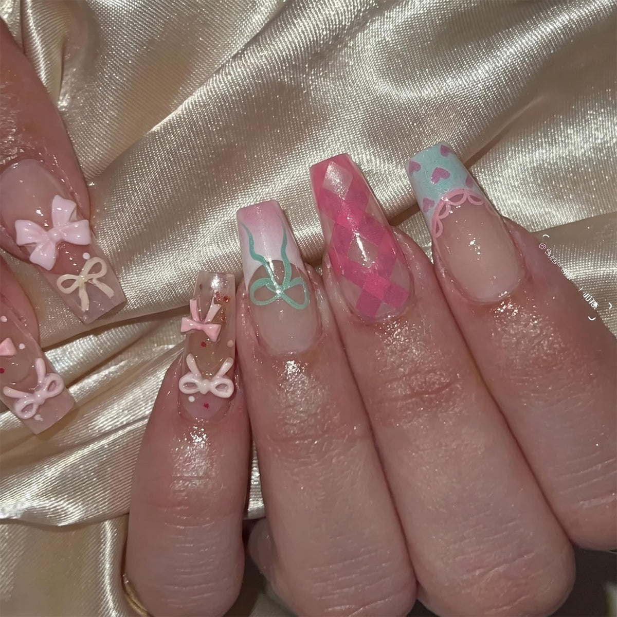 SINHOT Luxury Press on Nails - Long Coffin Fake Nails 3D Handmade Cute Pink Reusable False Nails with Rhinestone Designs,DIY Artificial Nail Art, 24pcs