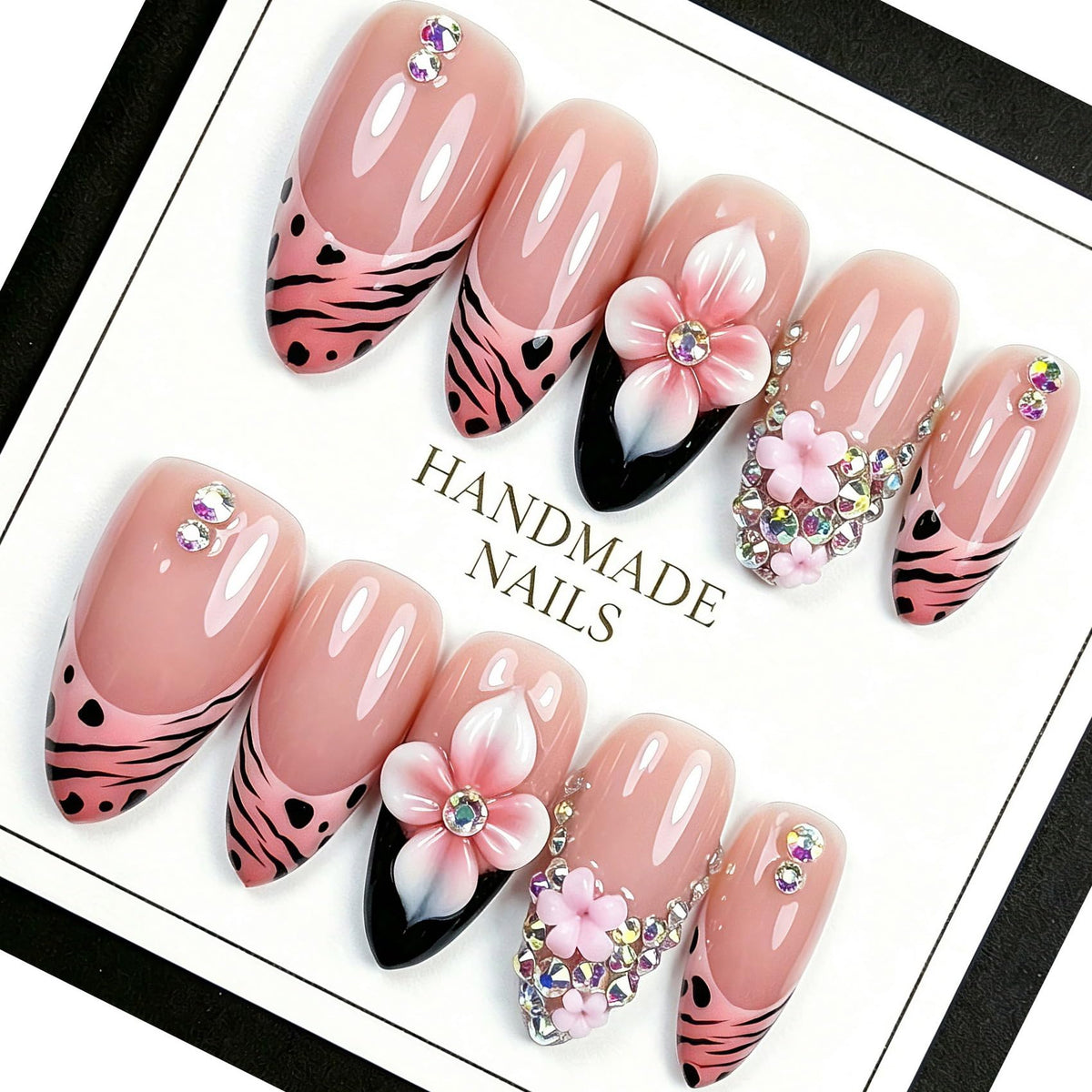 Handmade Almond Press on Nails, Abstract 3D Floral Gold, 10Pcs