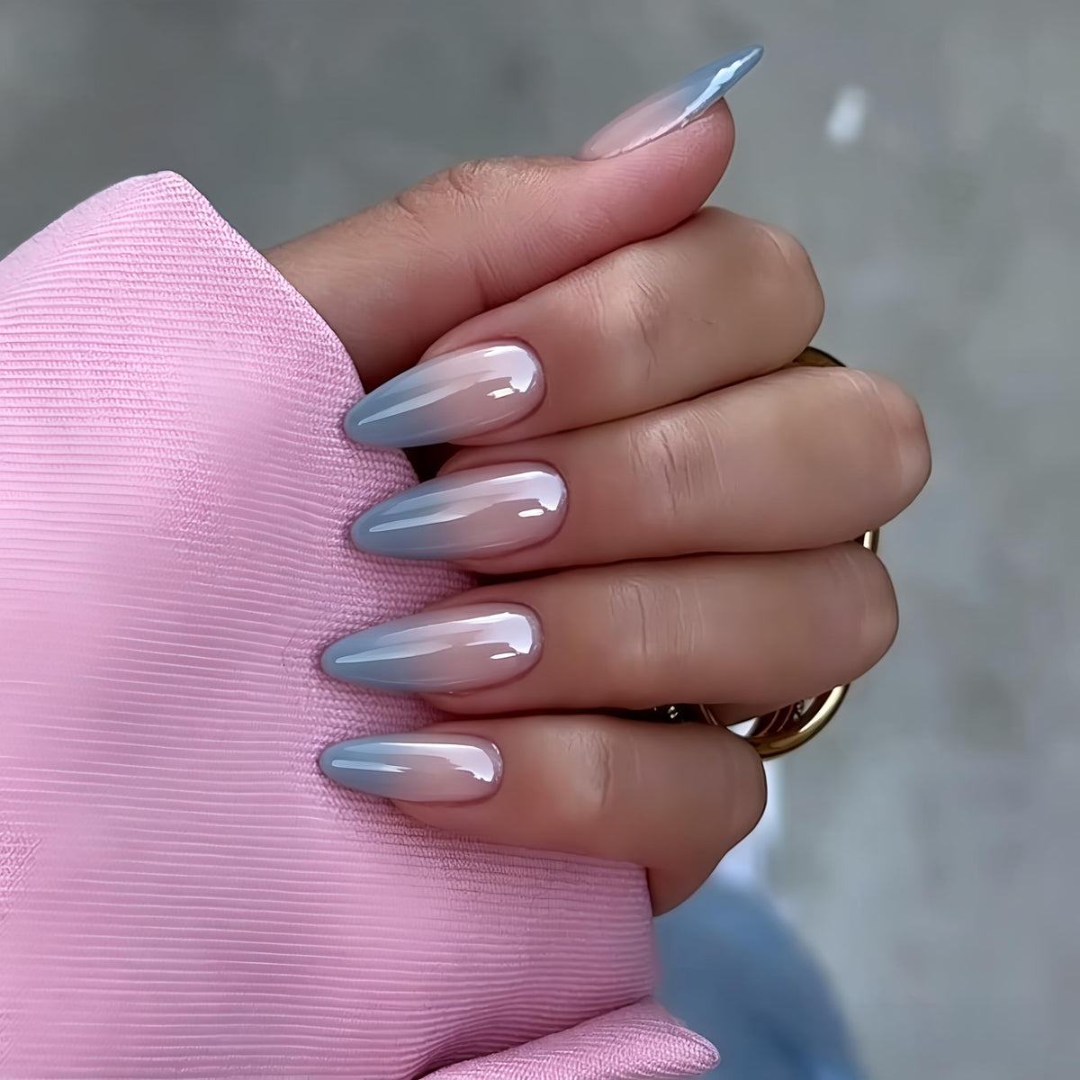 White French Tip Press On Nails Almond - KQueenest Chrome Press On Nails Medium, Glazed Natural Light Nude Fake Nails Press on, Reusable Glue on Nails Stick On Nail for Women Bridal Wedding