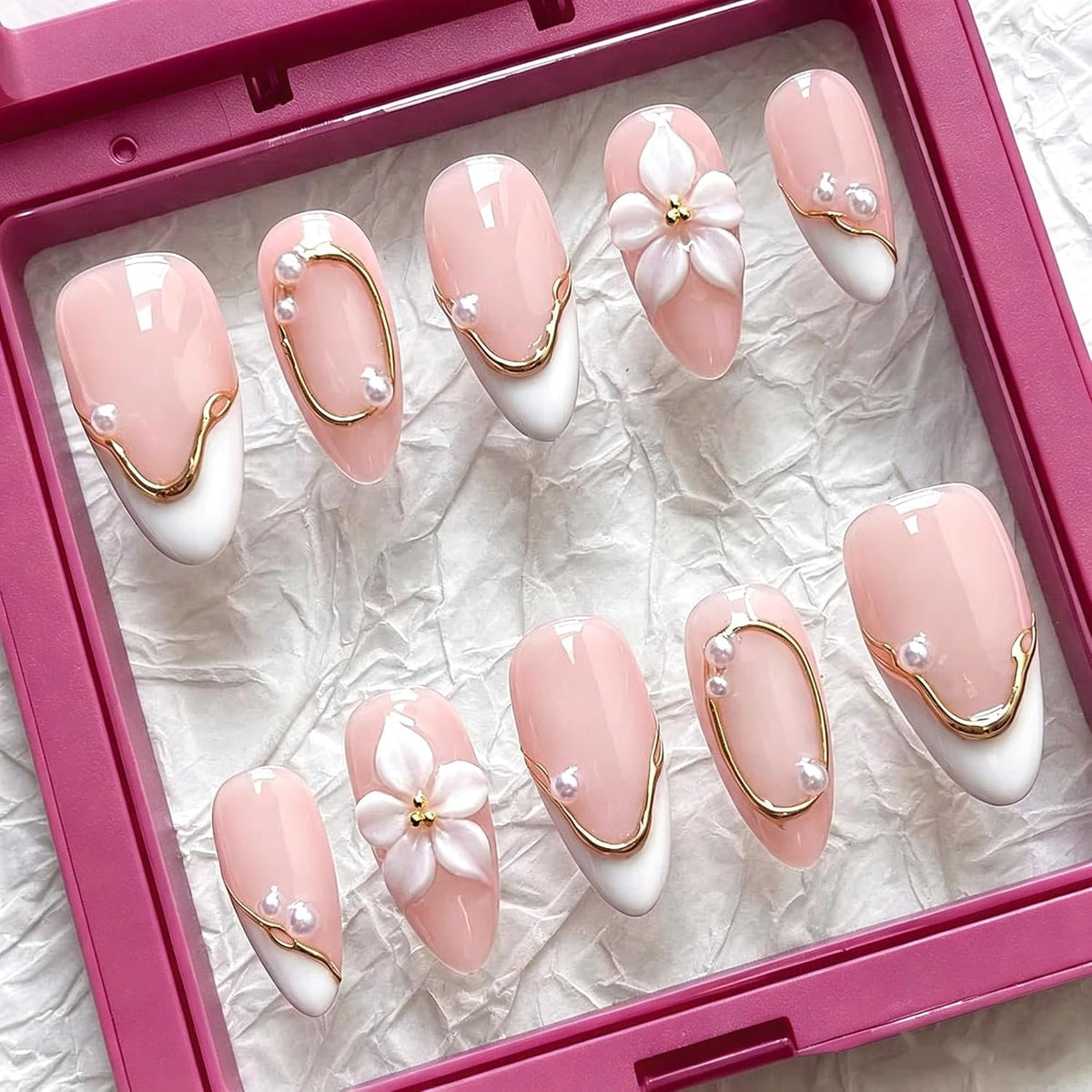 Handmade Almond Press on Nails Medium, Nude White French Tip Fake Nails with 3D White Flower Gold Metal Lines Pearl Decor, Glossy Reusable Full Cover False Nails for Women Wedding Daily(S)