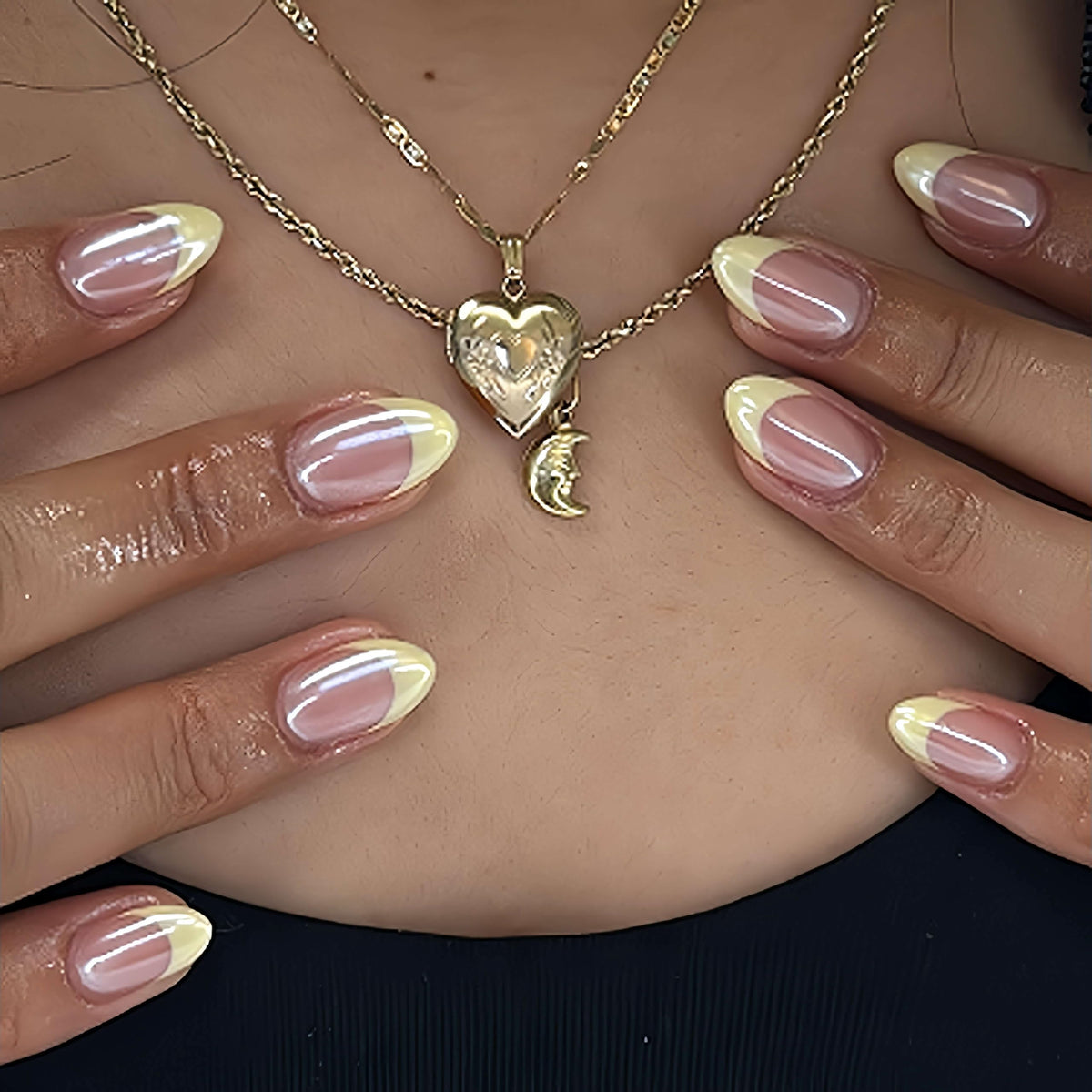 Medium Almond Press On Nails, Milky Nude Fake Nails with White French Tips, Gold Outline Design, Rhinestone and Pearl Accents, Glossy Reusable Glue On Nails for Women Wedding, 24PCS