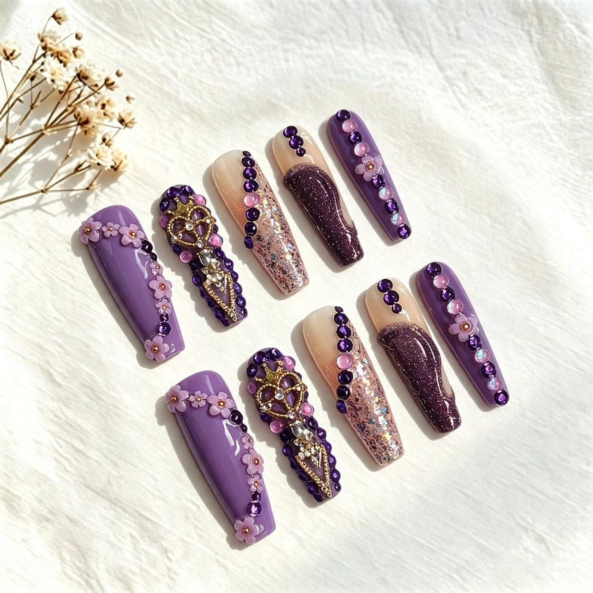 Luxury Handmade Press on Nails Long Coffin Fake Nails Rhinestone Crystal Full Cover False Nails with Glue with Designs Sparkly Long Acrylic Nail Reusable Stick on Nail for Women 10Pcs(Size M)