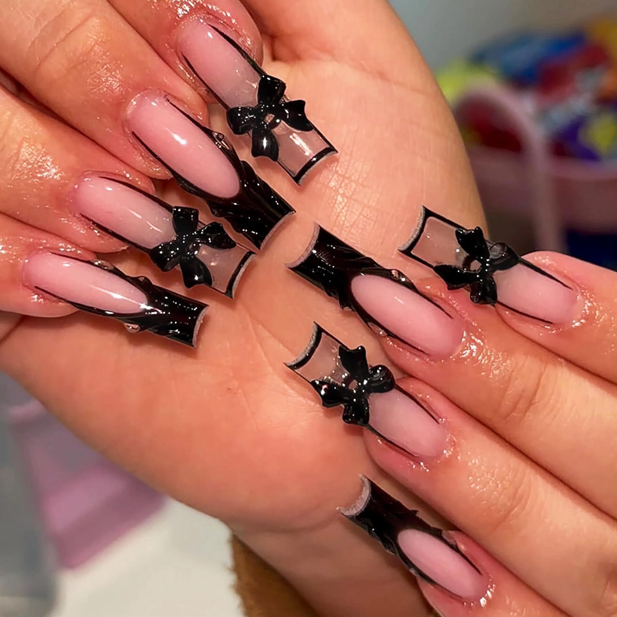 BABALAL Press On Nails Long Square Fake Nails Nude Pink White French Tip Lace Pearl Rhinestone Glossy Bridal Wedding Glue On Nails 24Pcs