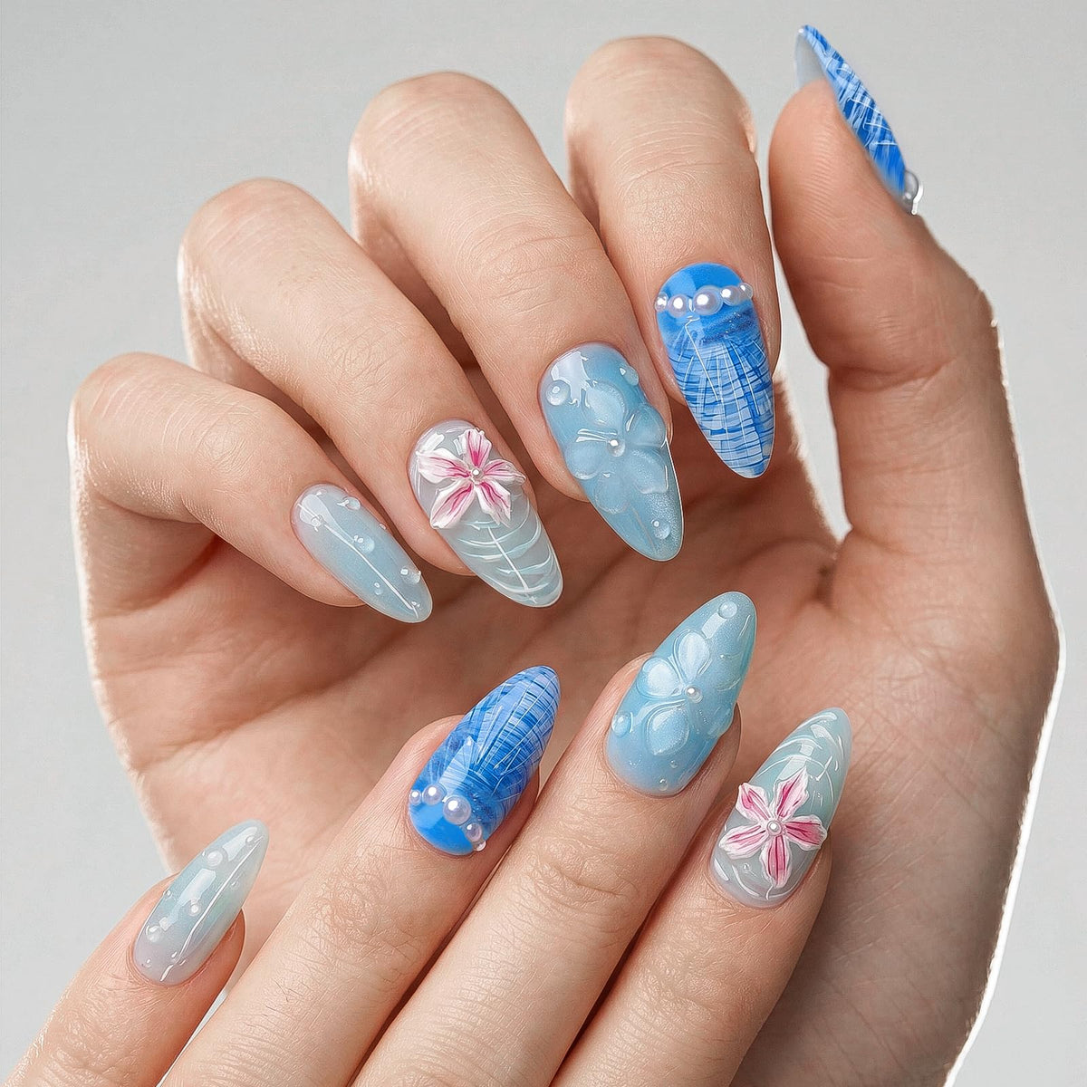 HOSAILY Medium Almond White French Tip Press on Nails 3D White Embossed Floral Designs Fake Nails Pearl Gold Glue on Nails Rhinestones Stick on Nails, 24PCS Bridal Luxury Nails for Women Daily Wedding