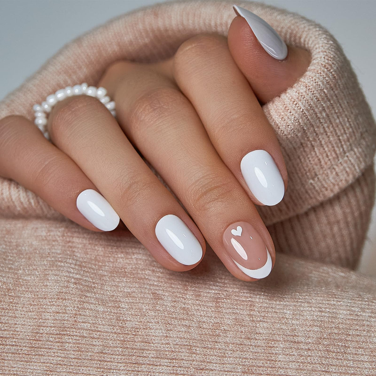 CurvLife Short Oval Chrome Nude Press On Nails, Champagne Pearl, Soft Gel