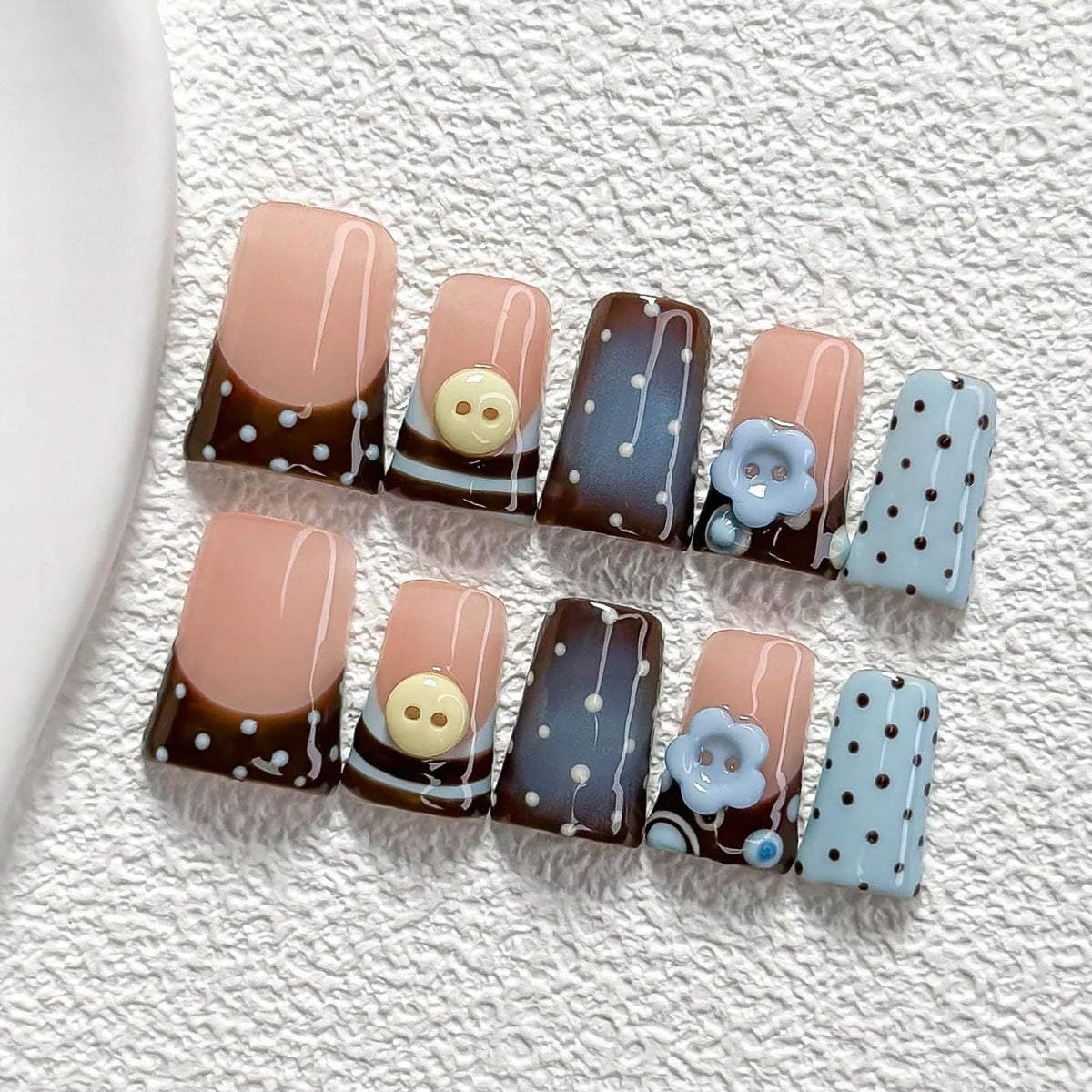 Handmade Press On Nails Short Square Nude 10PCS French Tip Fake Nails with 3D Gold Pearl Charms, Hand Painted Luxury Reusable Stick On Nails for Wedding Bridal Prom(M)