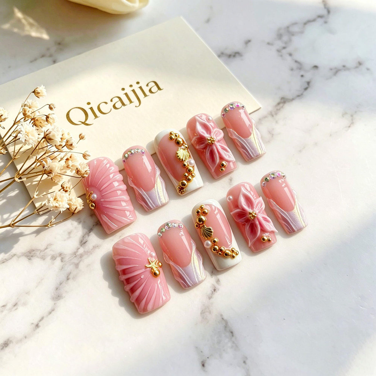 Handmade Press on Nails Medium Square Brown Gradient False Nails with 3D Flower and Swirl Design French Tip Fake Nails Luxury Reusable Acrylic Nails Press Ons for Women 10Pcs (Size M)