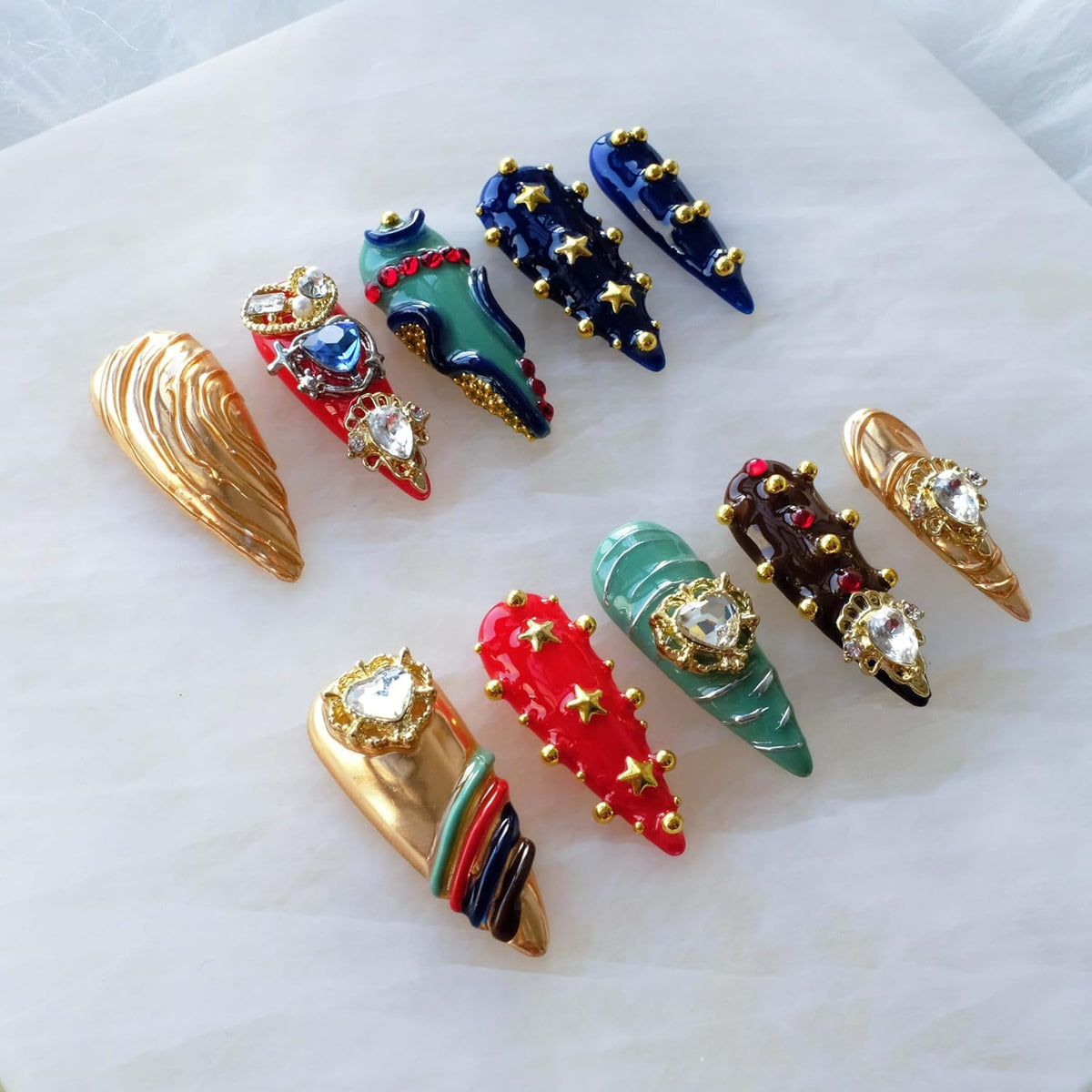 Luxury Handmade Press On Nails, Vintage Bohemian Style, Long Stiletto Shape, Crystal Heart Gems, Gold Stars Design, 10 Pieces (Large, LS)