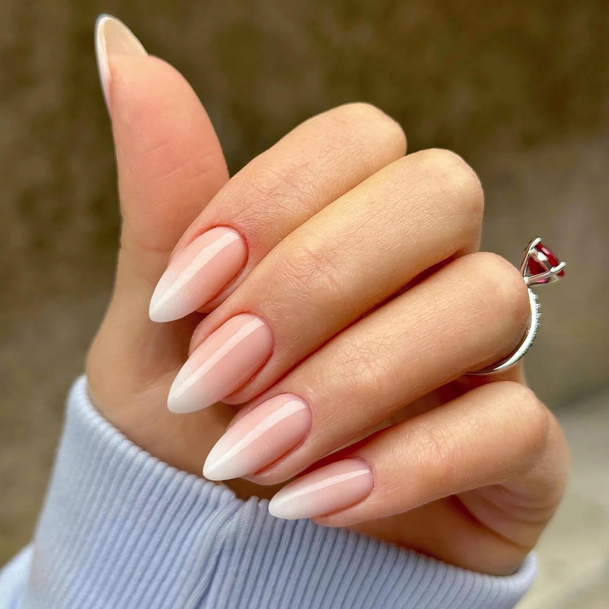 Qsnidy Press on Nails Almond, Ombre Nude to White, Glossy Fake Nails
