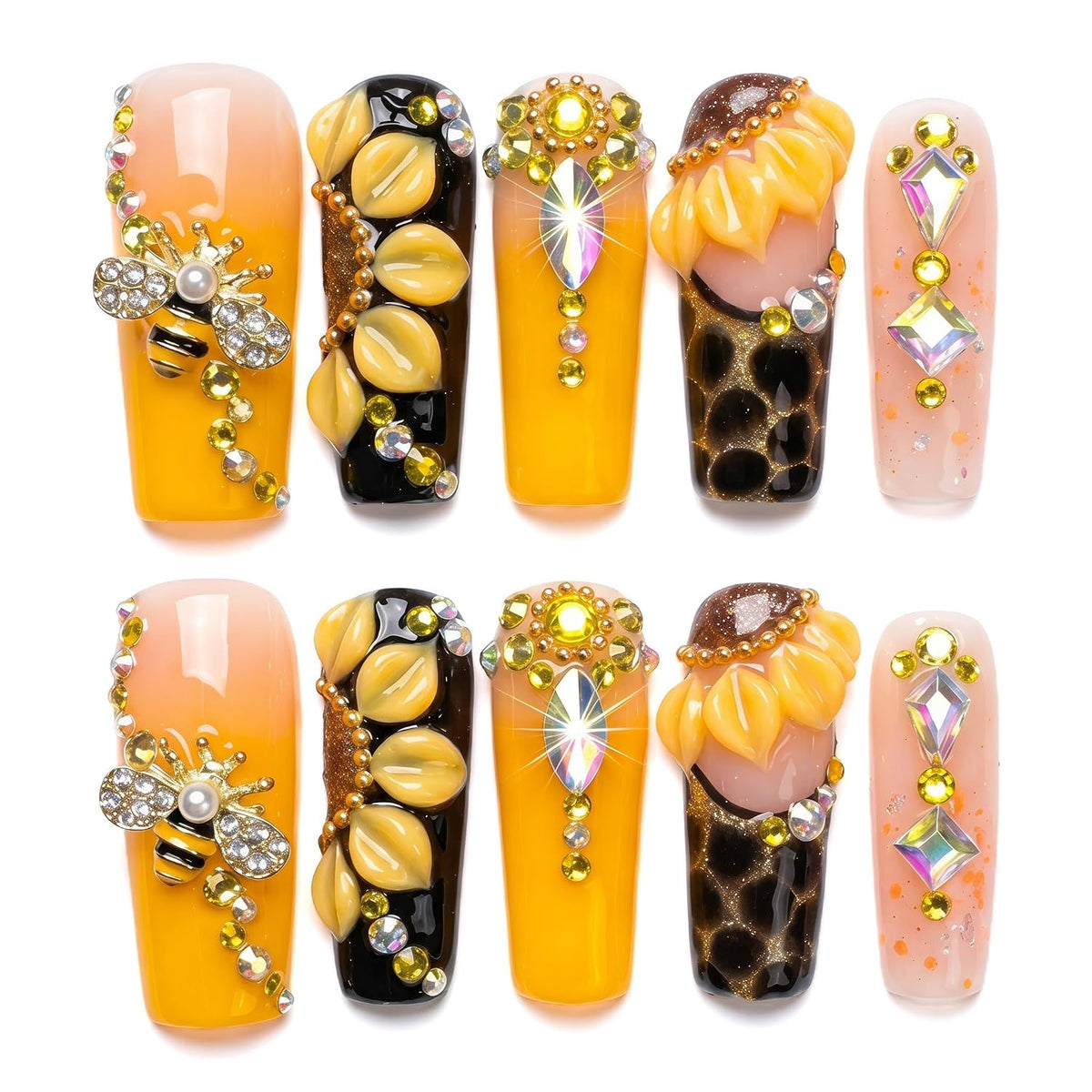 xl Luxury Press on Nails Long Handmade Square Acrylic False Nails French Tip with Bow Rhinestones Designs Fake Stick on Nails for Women Wedding Prom Party Manicure 10Pcs(Size M)