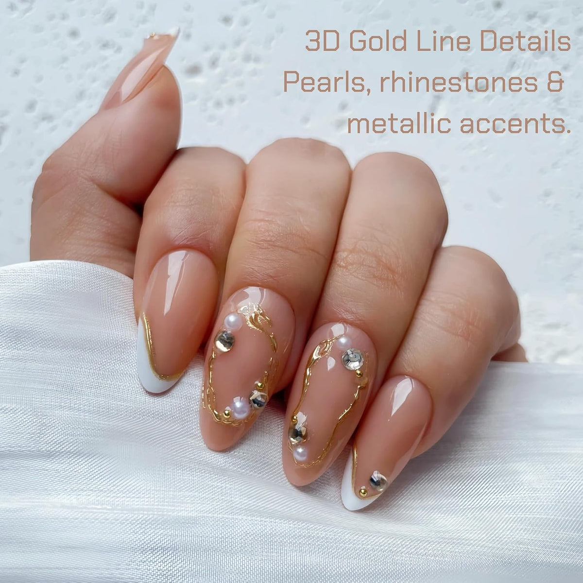 Nude Pearl Gold French Press on Nails Medium Almond Fake Nails Kit 24PCS