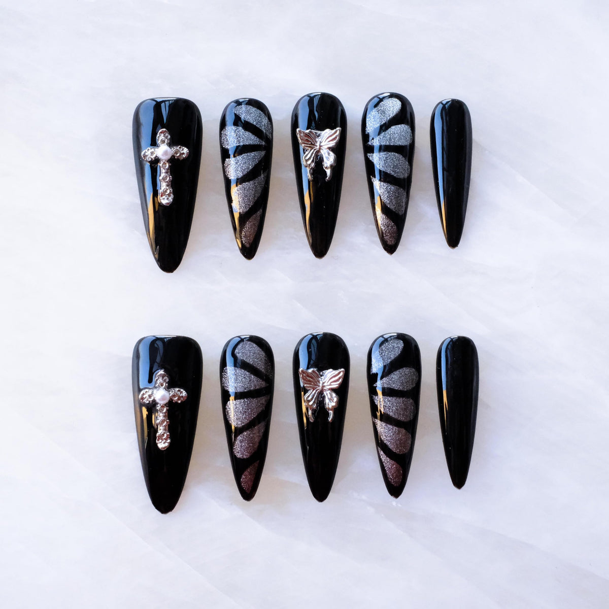 Luxury Handmade Press On Nails, Vintage Bohemian Style, Long Stiletto Shape, Crystal Heart Gems, Gold Stars Design, 10 Pieces (Large, LS)
