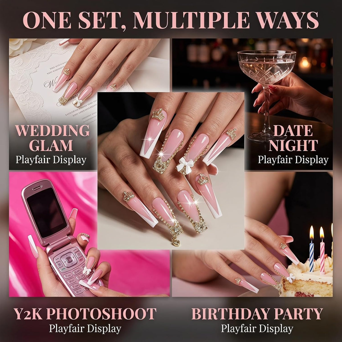 xl Luxury Press on Nails Long Handmade Square Acrylic False Nails French Tip with Bow Rhinestones Designs Fake Stick on Nails for Women Wedding Prom Party Manicure 10Pcs(Size M)