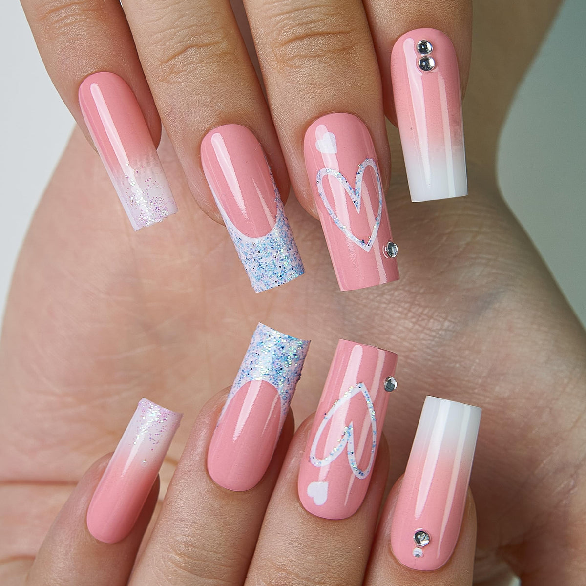 CurvLife Long French Tip Press On Nails, Pearl Rhinestones, Soft Gel
