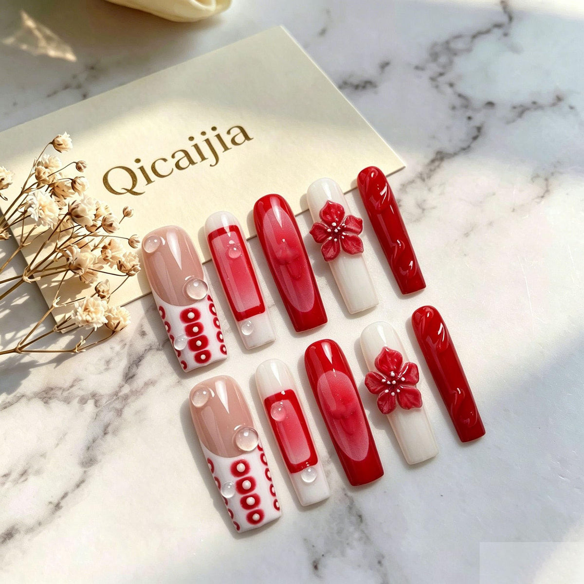 Luxury Handmade Press on Nails Long Coffin Fake Nails Rhinestone Crystal Full Cover False Nails with Glue with Designs Sparkly Long Acrylic Nail Reusable Stick on Nail for Women 10Pcs(Size M)