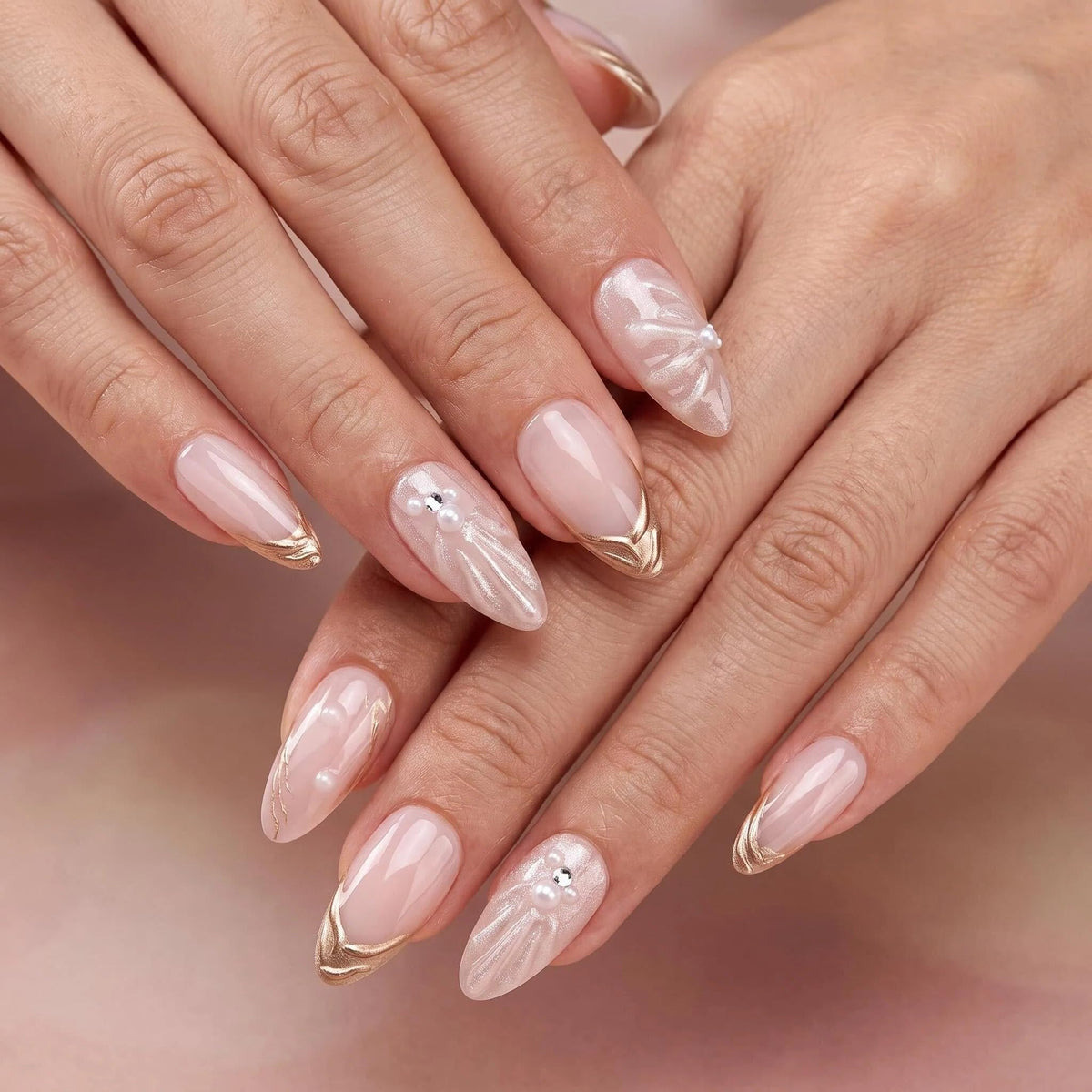 Medium Almond Press On Nails, Milky Nude Fake Nails with White French Tips, Gold Outline Design, Rhinestone and Pearl Accents, Glossy Reusable Glue On Nails for Women Wedding, 24PCS