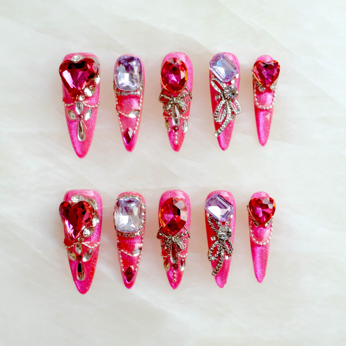 Luxury Handmade Press On Nails, Vintage Bohemian Style, Long Stiletto Shape, Crystal Heart Gems, Gold Stars Design, 10 Pieces (Large, LS)