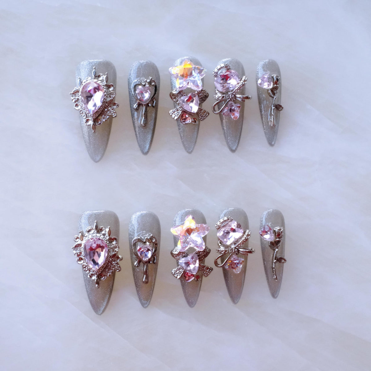Luxury Handmade Press On Nails, Vintage Bohemian Style, Long Stiletto Shape, Crystal Heart Gems, Gold Stars Design, 10 Pieces (Large, LS)