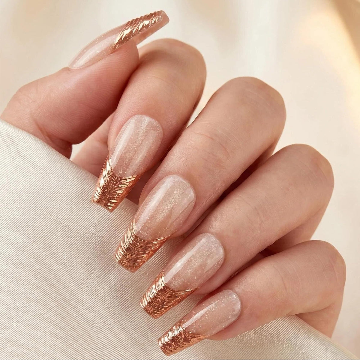 Glossy Nude Gold French Tip Press On Nails Short Almond, 30 PCS