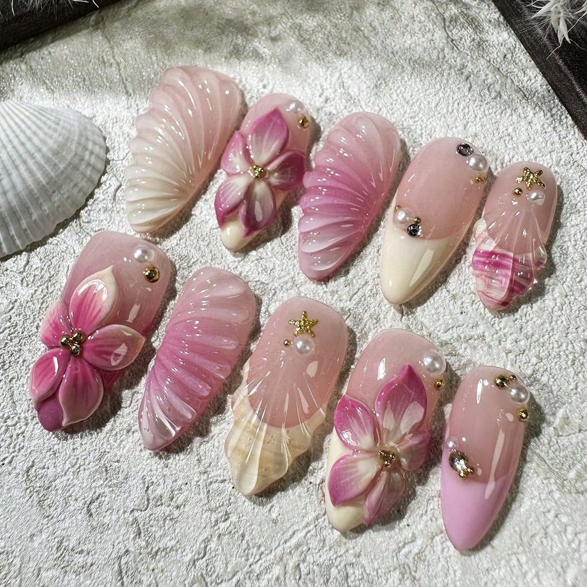 30Pcs Gold Star Moon Press on Nails Long Stiletto French Tip Fake Nails Press on 3D Chrome Gold Design Sun False Nails Irregular Gilded Lines Full Cover Purple Glossy Artificial Acrylic Nail for Women