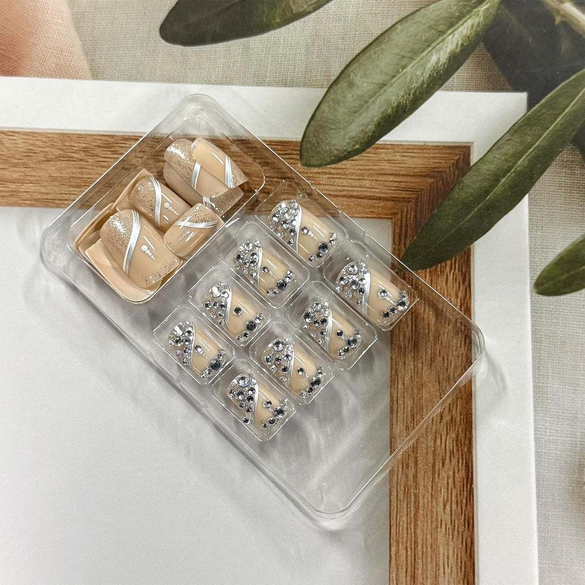 Press on Nails Silver Glitter Rhinestone Medium Square Fake Nails