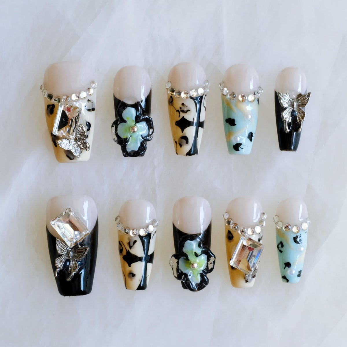 Luxury Handmade Press On Nails, Vintage Bohemian Style, Long Stiletto Shape, Crystal Heart Gems, Gold Stars Design, 10 Pieces (Large, LS)