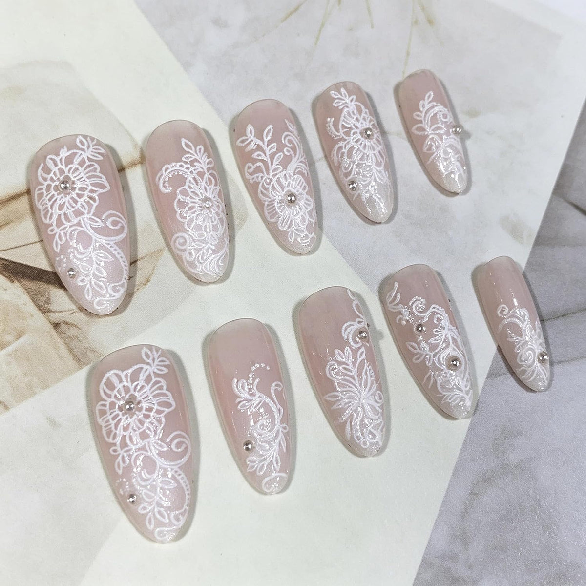 BABALAL Bridal Lace Press On Nails, Medium Almond Fake Nails with 3D White Floral & Pearl, Nude Ombre Acrylic Stick On Nails for Women 24Pcs