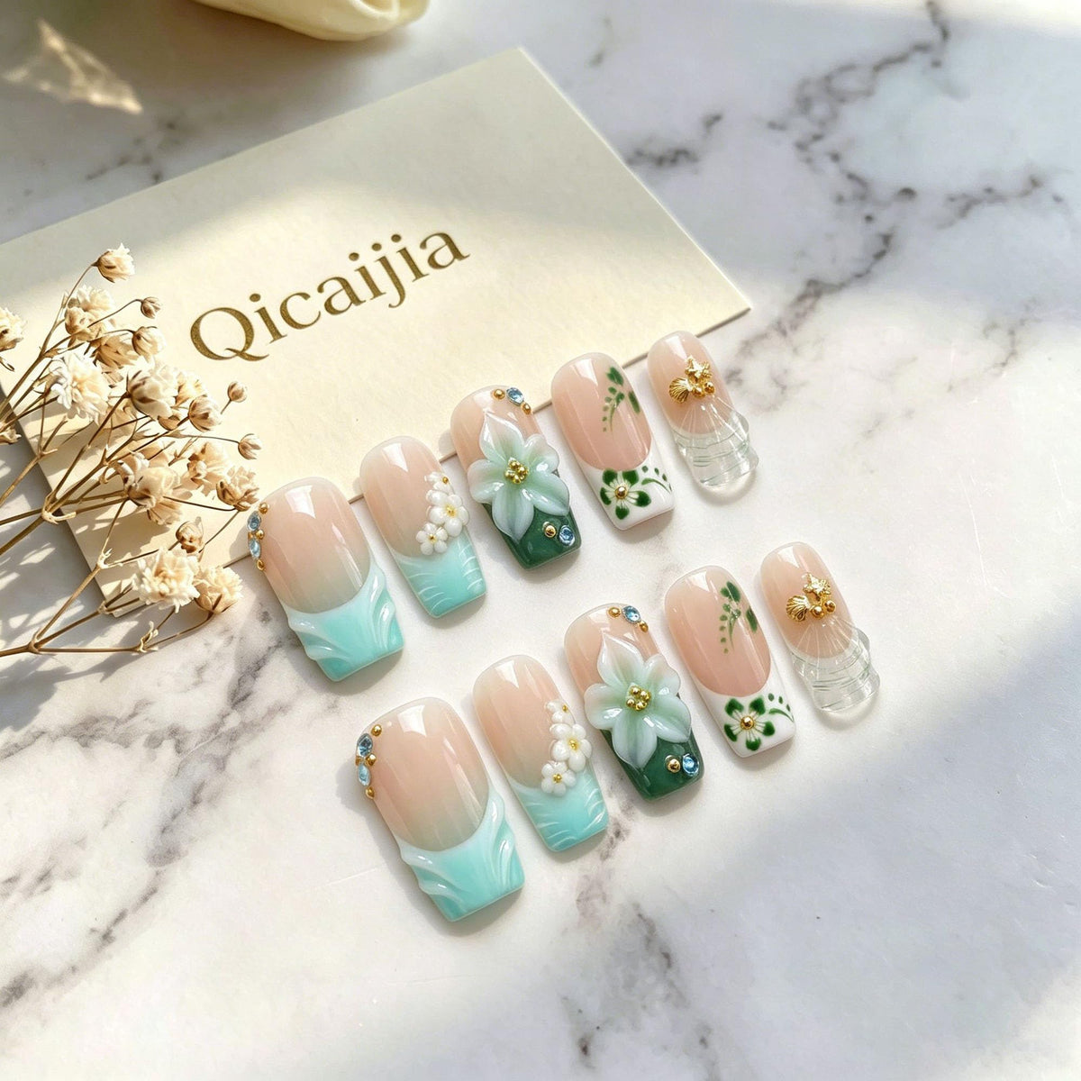 Luxury Handmade Press on Nails Medium Square Fake Nails Blue French False Nails with Ombre 3D Flower Art Design Acrylic Nails Handmade Stick on Nail for Women Manicure 10Pcs (Size M)