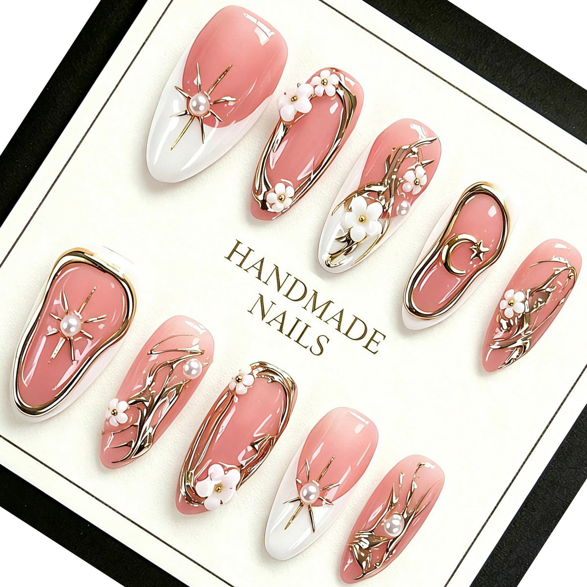 Handmade Almond Press on Nails, Abstract 3D Floral Gold, 10Pcs