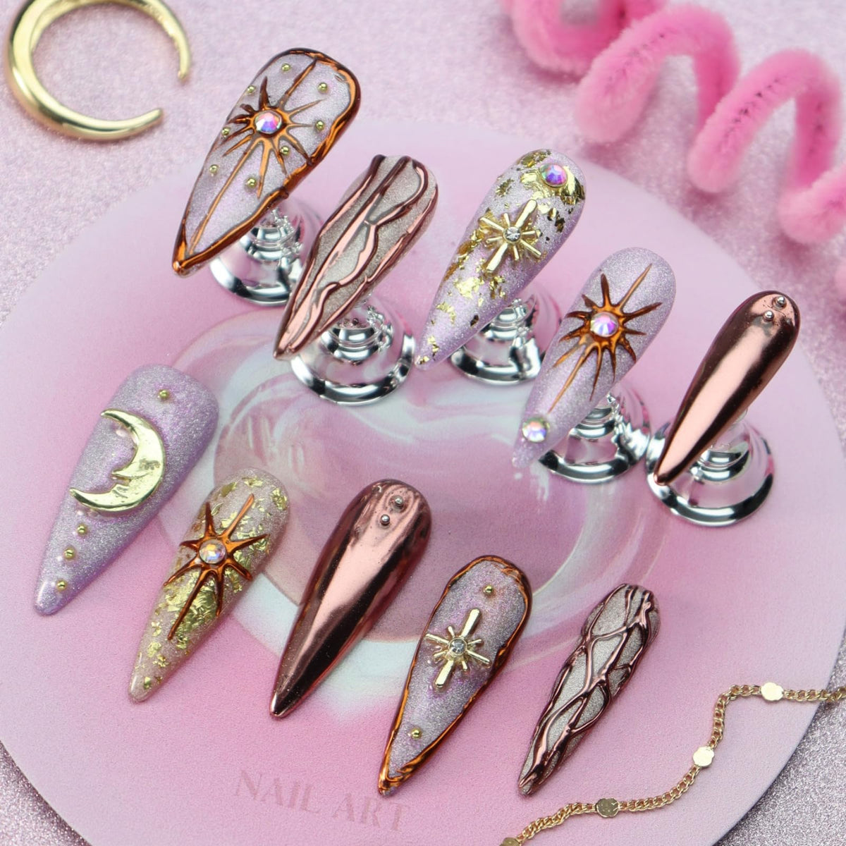Star Moon Press on Nails Long Stiletto Fake Nails Pure Handcrafted Nail Mirror Effect Glue on Nails Glitter False Nail with Design Rhinestone Stick on Nail for Women Girls Luxury Manicure (M)