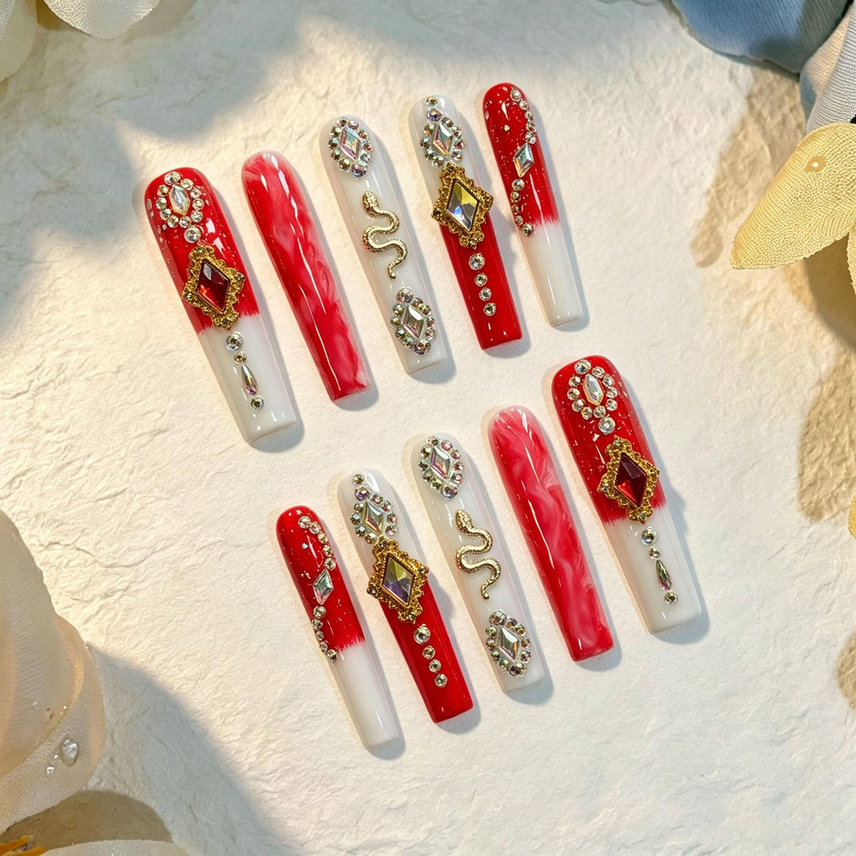 Luxury Handmade Press on Nails Long Coffin Fake Nails Rhinestone Crystal Full Cover False Nails with Glue with Designs Sparkly Long Acrylic Nail Reusable Stick on Nail for Women 10Pcs(Size M)