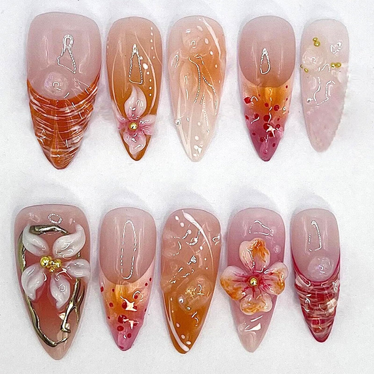 Short Press On Almond Fake Nails - Flower Acrylic Fall Nails Press Ons Full Cover Glue On Cute False Floral Stick On Nails for Women - 30 Pcs