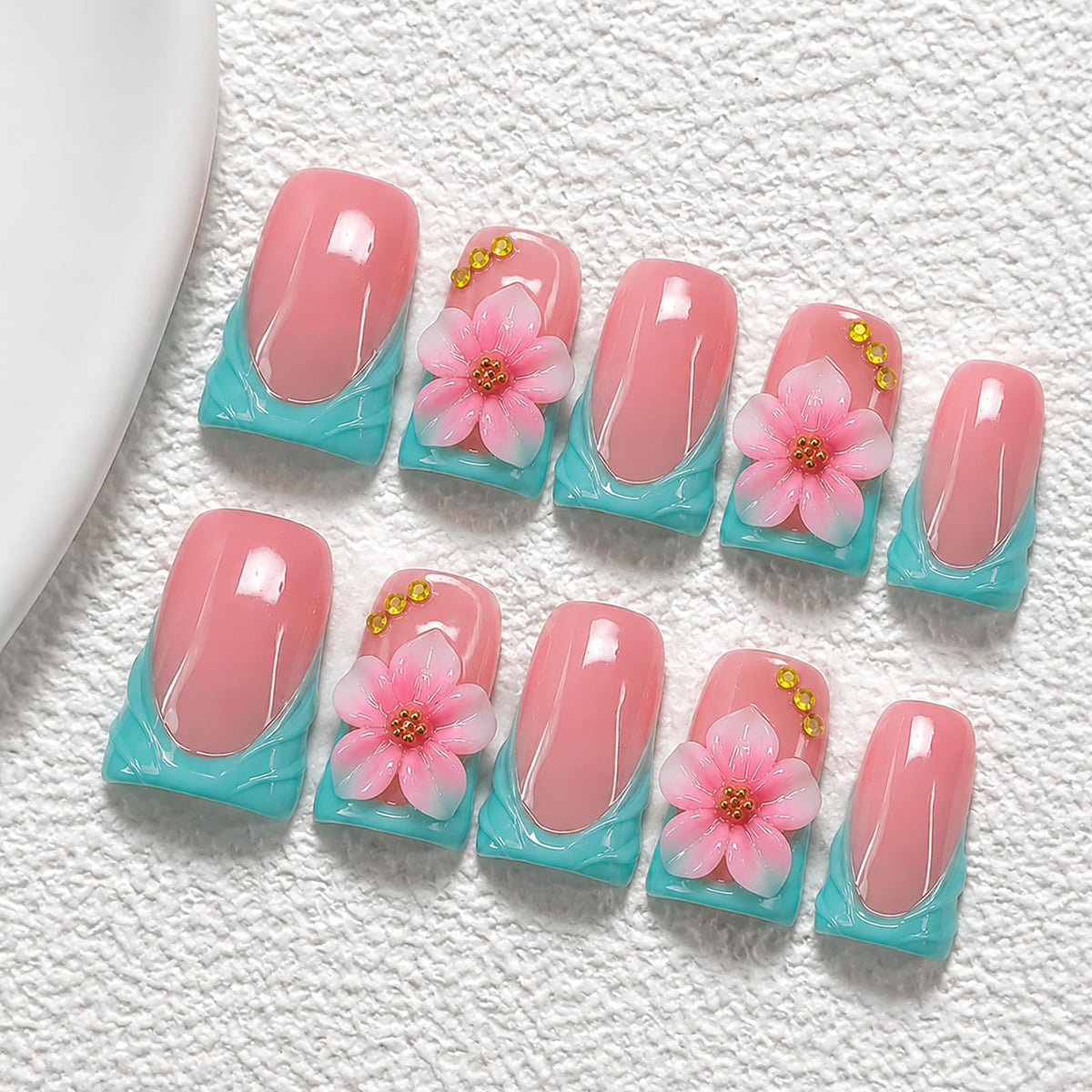 Handmade Press On Nails Short Square Nude 10PCS French Tip Fake Nails with 3D Gold Pearl Charms, Hand Painted Luxury Reusable Stick On Nails for Wedding Bridal Prom(M)