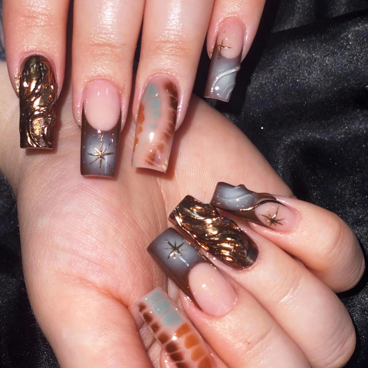 BABALAL Press on Nails, Extra Long Square Fake Nails, Gold Chrome French Tip, Luxury Rhinestone & Star Charm Design, Bling Shiny Reusable Glue on Nails 24Pcs