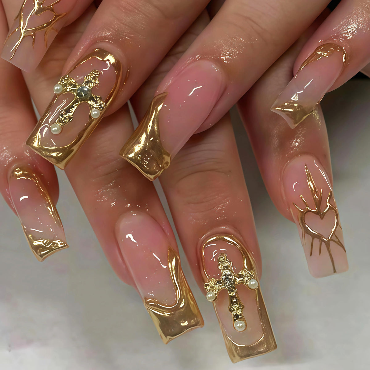 BABALAL Press On Nails Long Square Fake Nails Nude Pink White French Tip Lace Pearl Rhinestone Glossy Bridal Wedding Glue On Nails 24Pcs